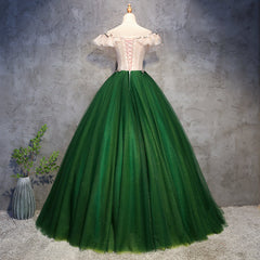Prom Dress Styling Hair, Green Tulle Ball Gown with Lace Off Shoulder Sweet 16 Dress, Ball Gown Party Dress Formal Dress