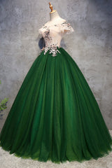 Prom Dress Emerald Green, Green Tulle Ball Gown with Lace Off Shoulder Sweet 16 Dress, Ball Gown Party Dress Formal Dress