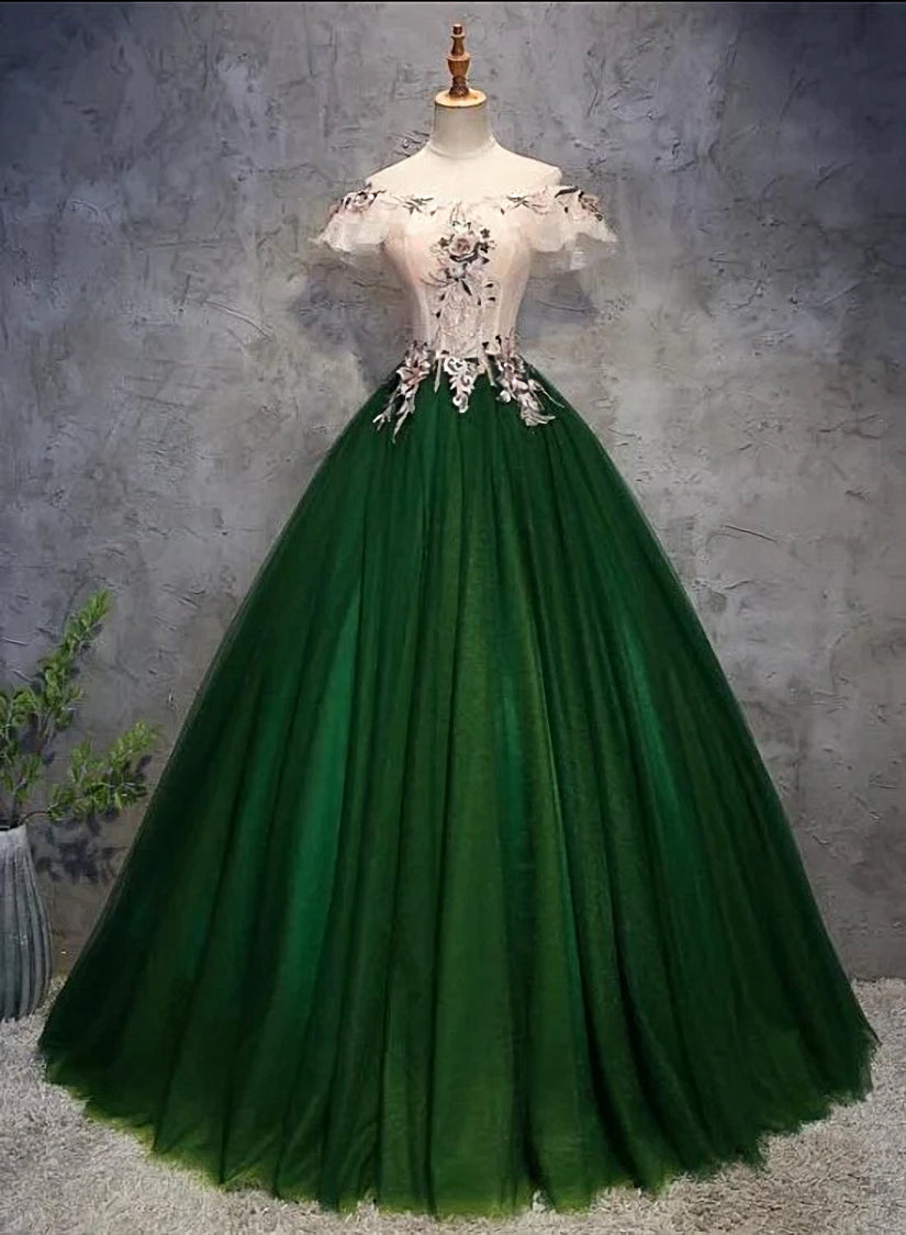Prom Dress Corset Ball Gown, Green Tulle Ball Gown with Lace Off Shoulder Sweet 16 Dress, Ball Gown Party Dress Formal Dress