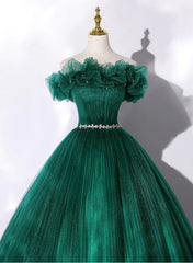 Prom Dress Blue, Green Tulle Beaded Waist Ball Gown Sweet 16 Dress, Off Shoulder Green Prom Dress