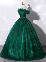 Night Dress, Green Tulle Beaded Waist Ball Gown Sweet 16 Dress, Off Shoulder Green Prom Dress