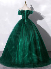 Black Formal Dress, Green Tulle Beaded Waist Ball Gown Sweet 16 Dress, Off Shoulder Green Prom Dress