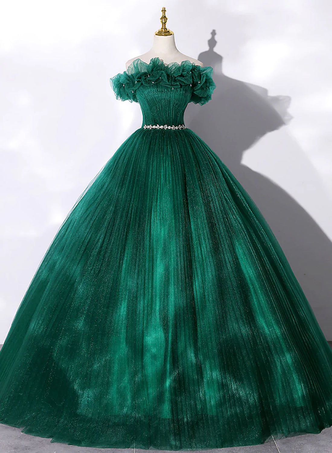 Prom Dress Ideas, Green Tulle Beaded Waist Ball Gown Sweet 16 Dress, Off Shoulder Green Prom Dress