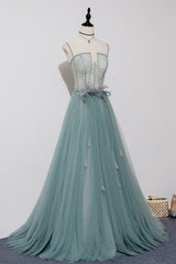 Prom Dresses Chicago, Green Tulle Lace Long A-Line Prom Dress, Spaghetti Strap Evening Dress