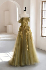 Prom Dresses Open Back, Green Tulle Lace Long Prom Dress, A-Line Off the Shoulder Evening Dress