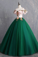 Wedding Decor, Green Tulle Lace Long Prom Dress, Cute Off Shoulder Evening Dress Party Dress