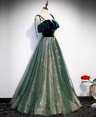 Prom Dress Stores, Green Tulle Lace Long Prom Dress Green Tulle Lace Formal Dress