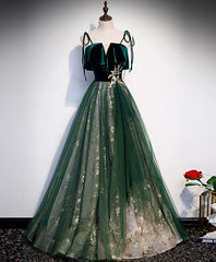 Prom Dresses For Girl, Green Tulle Lace Long Prom Dress Green Tulle Lace Formal Dress