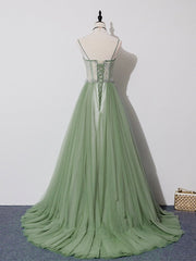 Evening Dress Elegant, Green Tulle Lace Long Prom Dress, Green Tulle Long Formal Graduation Dress