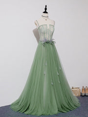 Evening Dress Shop, Green Tulle Lace Long Prom Dress, Green Tulle Long Formal Graduation Dress