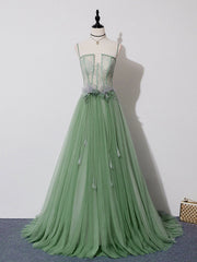 Evening Dresses Cheap, Green Tulle Lace Long Prom Dress, Green Tulle Long Formal Graduation Dress