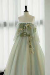 Bridesmaid Dresses Fall, Green Tulle Lace Long Prom Dress, Off Shoulder Evening Formal Dress