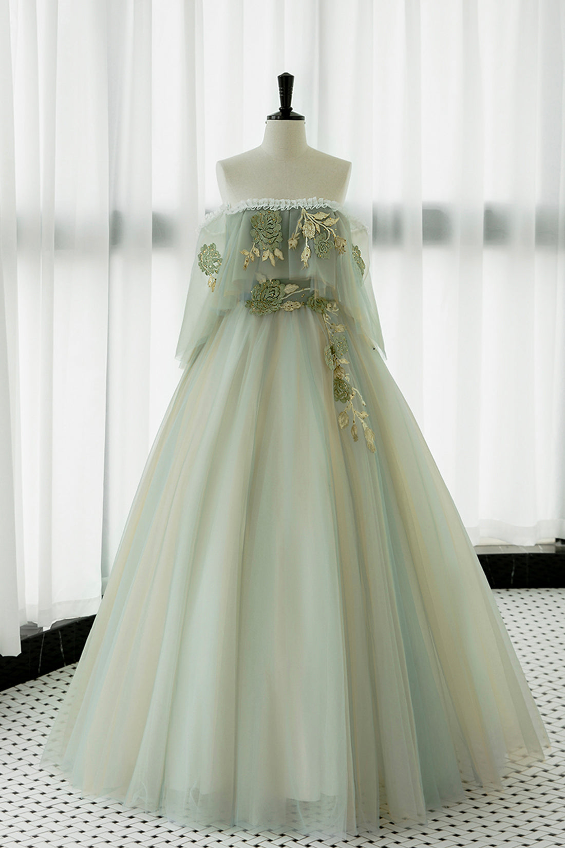 Bridesmaid Dresses Ideas, Green Tulle Lace Long Prom Dress, Off Shoulder Evening Formal Dress