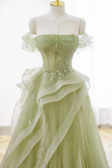 Prom Dresses Fitting, Green Tulle Lace Long Prom Dress with Corset, Green Formal Party Dress