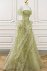 Prom Dress Long Formal Evening Gown, Green Tulle Lace Long Prom Dress with Corset, Green Formal Party Dress