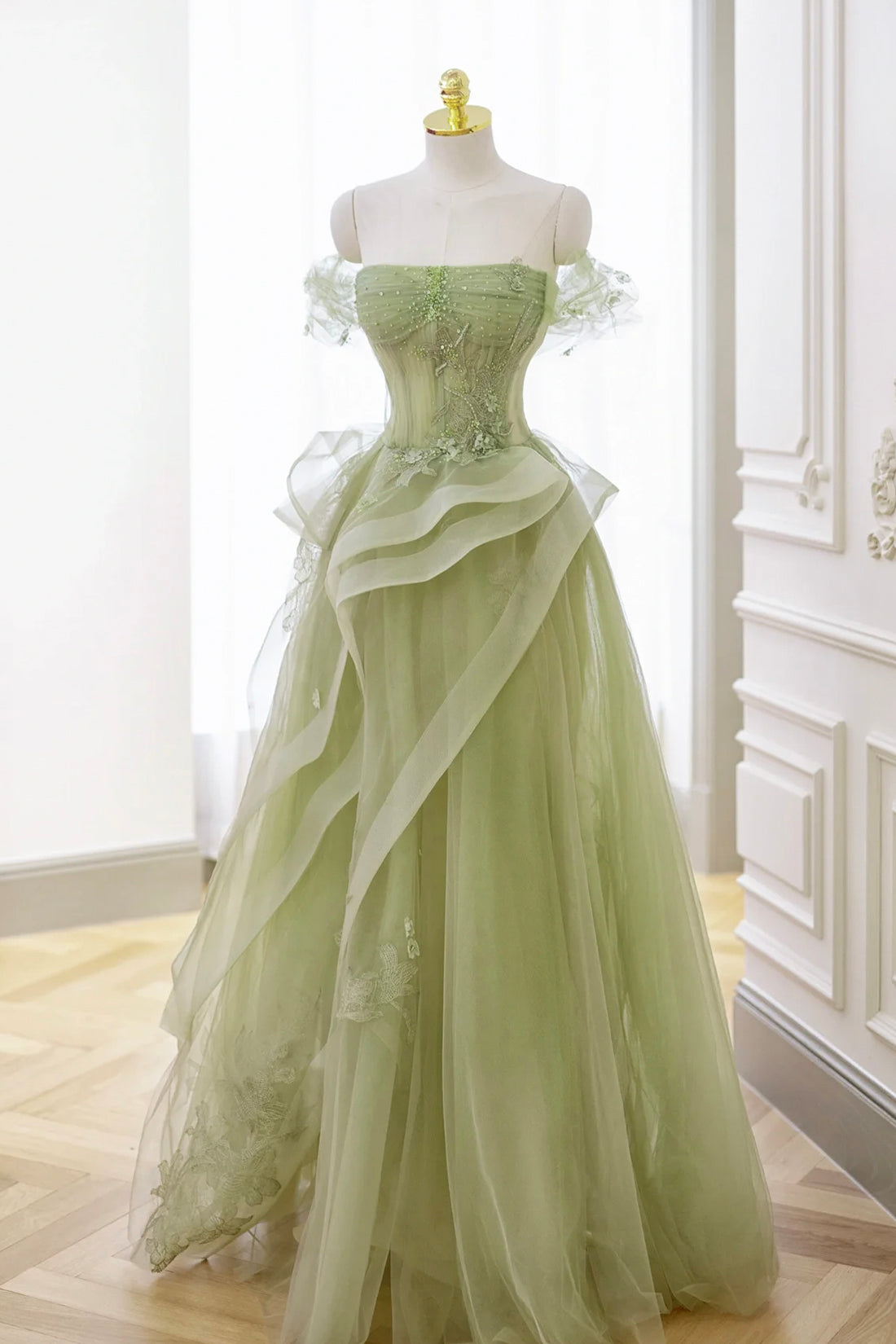 Prom Dress Fitted, Green Tulle Lace Long Prom Dress with Corset, Green Formal Party Dress