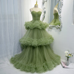 Green Dress, Green Tulle Layers Straps Sweetheart Long Evening Dress Party Dress, Green Formal Dress