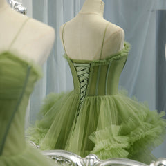 Floral Dress, Green Tulle Layers Straps Sweetheart Long Evening Dress Party Dress, Green Formal Dress