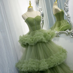 Yellow Prom Dress, Green Tulle Layers Straps Sweetheart Long Evening Dress Party Dress, Green Formal Dress
