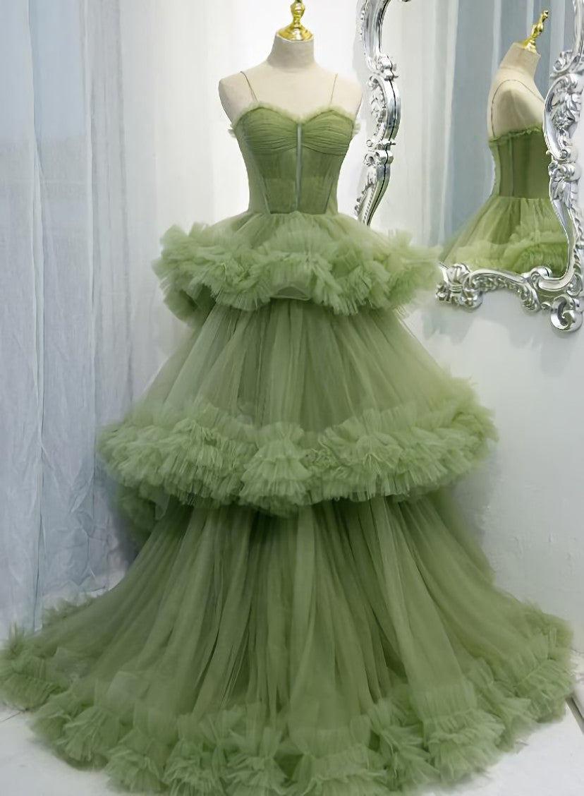 Quince Dress, Green Tulle Layers Straps Sweetheart Long Evening Dress Party Dress, Green Formal Dress