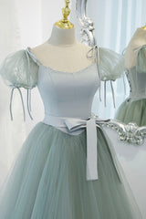 Purple Dress, Green Tulle Long A-Line Prom Dress, Cute Short Sleeve Graduation Dress