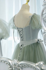 Unique Prom Dress, Green Tulle Long A-Line Prom Dress, Cute Short Sleeve Graduation Dress