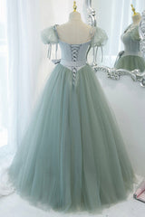 Gold Dress, Green Tulle Long A-Line Prom Dress, Cute Short Sleeve Graduation Dress