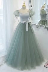 Semi Formal Dress, Green Tulle Long A-Line Prom Dress, Cute Short Sleeve Graduation Dress