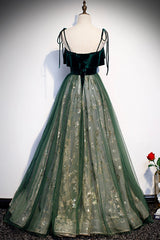 Prom Dresses Blue, Green Tulle Long A-Line Prom Dress, Green Spaghetti Straps Graduation Dress