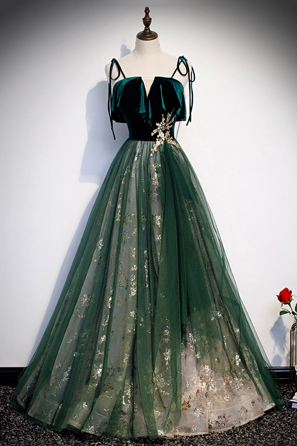 Prom Dress Ball Gown, Green Tulle Long A-Line Prom Dress, Green Spaghetti Straps Graduation Dress