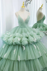 Evening Dresses For Ladies Over 59, Green Tulle Long A-Line Prom Dress, Green V-Neck Formal Evening Gown