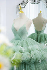 Evening Dresses Modest, Green Tulle Long A-Line Prom Dress, Green V-Neck Formal Evening Gown