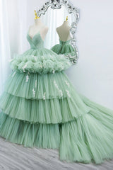 Evening Dress Yellow, Green Tulle Long A-Line Prom Dress, Green V-Neck Formal Evening Gown