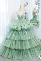 Evening Dresses Yellow, Green Tulle Long A-Line Prom Dress, Green V-Neck Formal Evening Gown