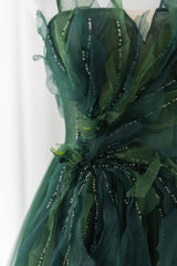 Evening Dress Black, Green Tulle Long A-Line Prom Dress, Spaghetti Straps Evening Dress