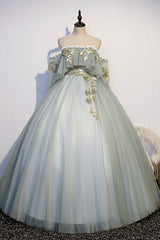 Bridesmaid Dresses Ideas, Green Tulle Long Prom Dress with Lace, Off the Shoulder Evening Gown