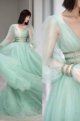 Prom Dresses Inspired, Green Tulle Long Prom Dress with Sequins, Green Long Sleeve Evening Party Dress