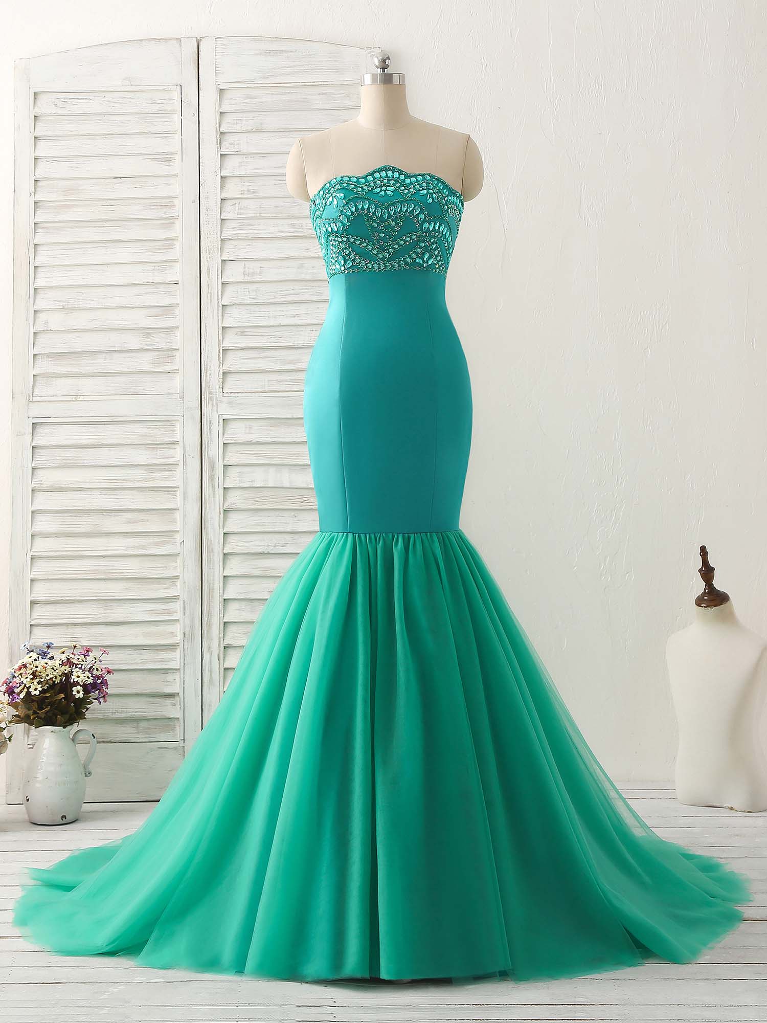 Formal Dress Outfits, Green Tulle Mermaid Long Prom Dress Green Evening Dress