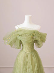 Bridesmaids Dresses Neutral, Green Tulle Off Shoulder Long Prom Dresses, Green Tulle Formal Evening Dress