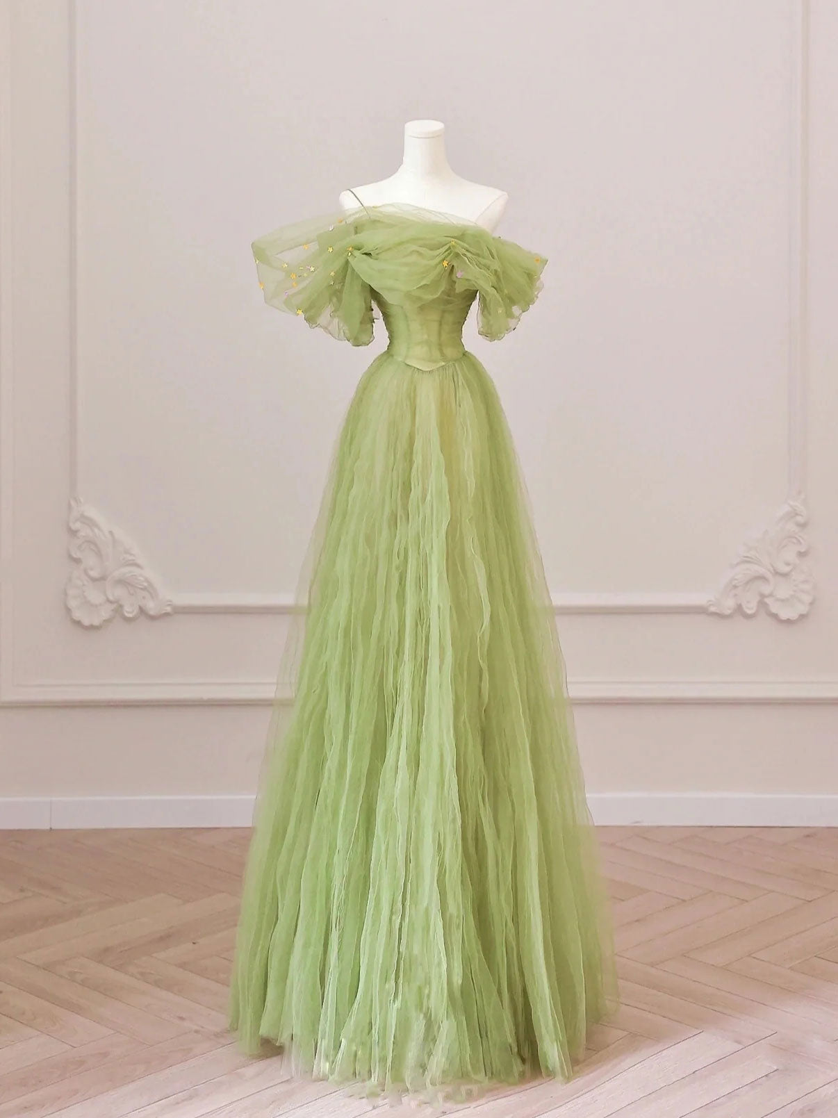 Bridesmaid Dress Dark, Green Tulle Off Shoulder Long Prom Dresses, Green Tulle Formal Evening Dress