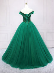 Bridesmaids Dresses Red, Green Tulle Off Shoulder Tulle Beads Long Prom Dress, Green Formal Graduation Dresses