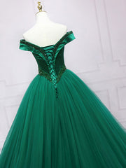 Wedding, Green Tulle Off Shoulder Tulle Beads Long Prom Dress, Green Formal Graduation Dresses