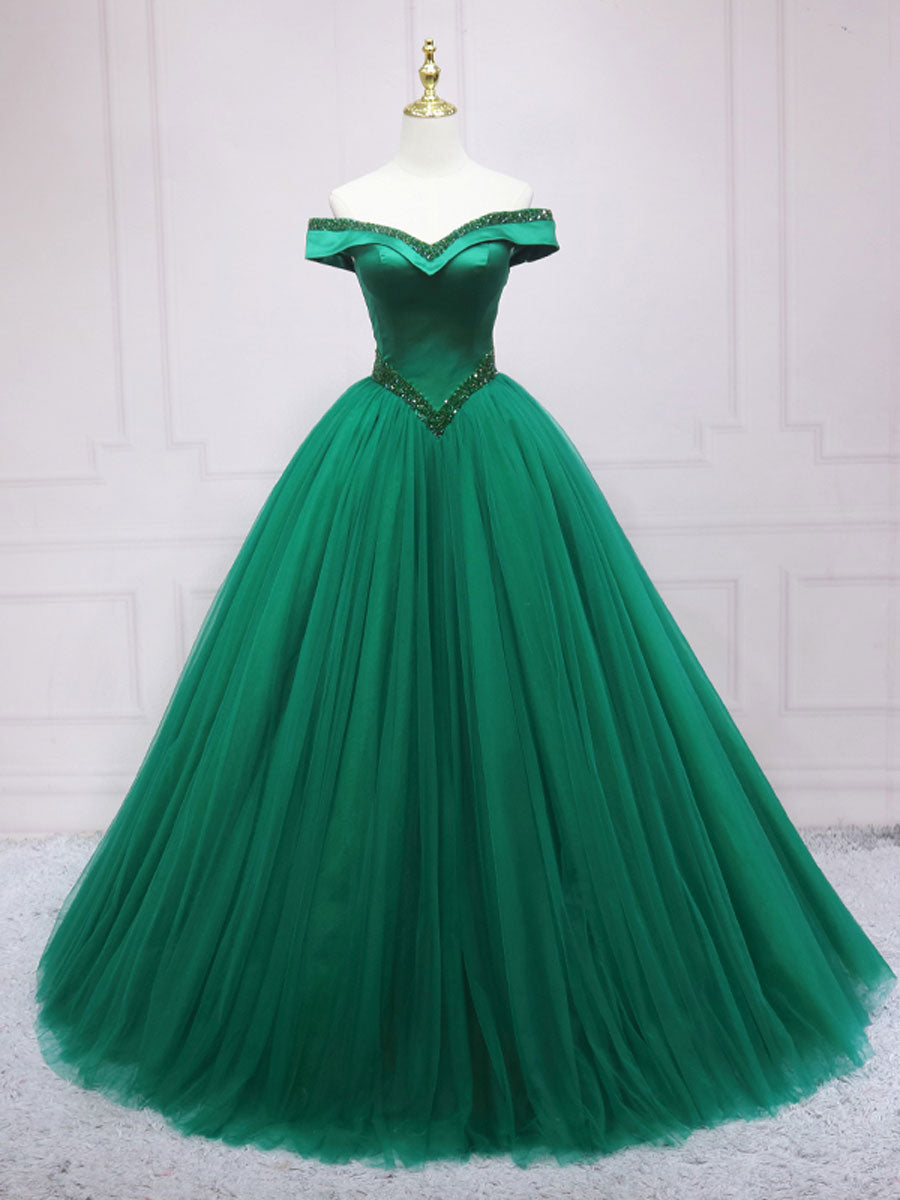 Bridesmaids Dress Red, Green Tulle Off Shoulder Tulle Beads Long Prom Dress, Green Formal Graduation Dresses