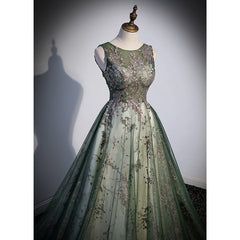 Party Dress India, Green Tulle Round Neckline Long Party Dress, Green Lace Prom Dress