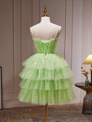 Prom Dresse Two Piece, Green Tulle Short Prom Dress, Cute Green Homecoming Dresses