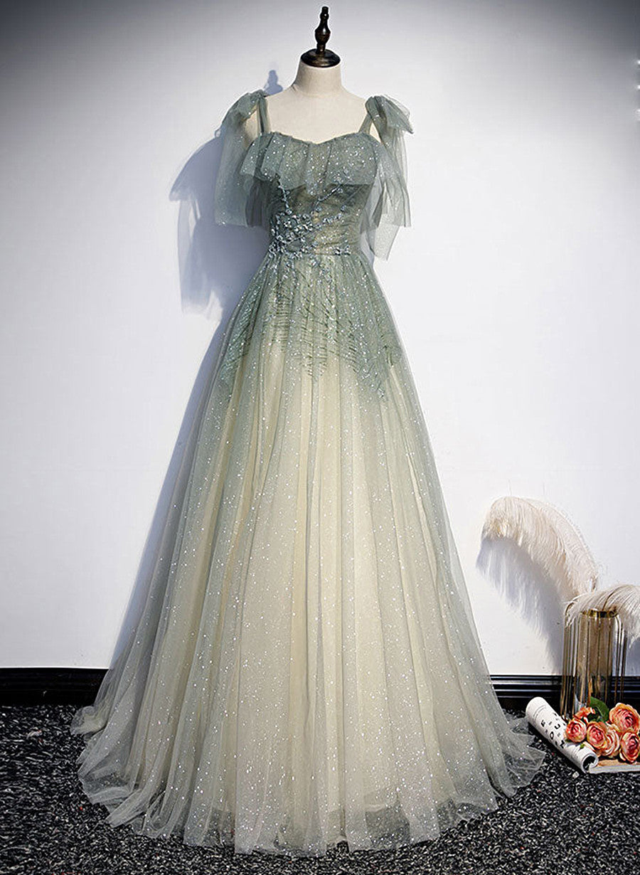 Party Dress Long Sleeve Maxi, Green Tulle Straps A-line Beaded Long Prom Dress, Green Evening Party Dress