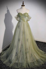 Party Dress Beige, Green Tulle Sweetheart Neckline Long Prom Dress, Green Strapless Evening Dress