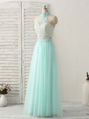 Formal Dress Stores Near Me, Green Tulle Two Pieces Long Prom Dress Lace Beads Formal Dress