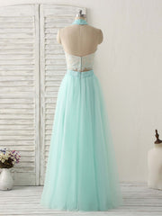 Formal Dresses Near Me, Green Tulle Two Pieces Long Prom Dress Lace Beads Formal Dress