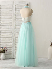 Formal Dress Shop Near Me, Green Tulle Two Pieces Long Prom Dress Lace Beads Formal Dress
